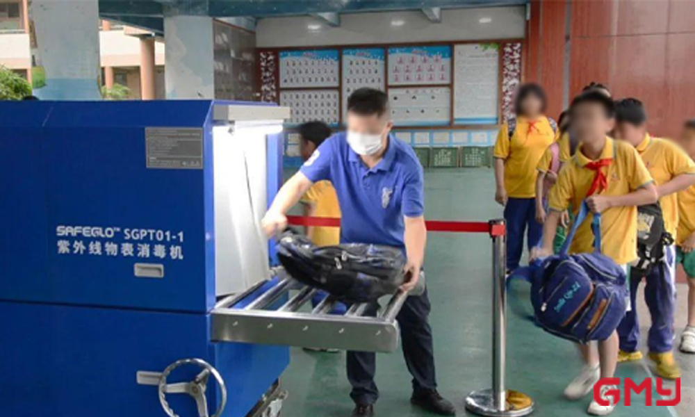 SafeGlo Omnidirectional UVC Disinfection Pass-Through System disinfects personal belongings of teachers and students at the Gonghe Town Central Primary School